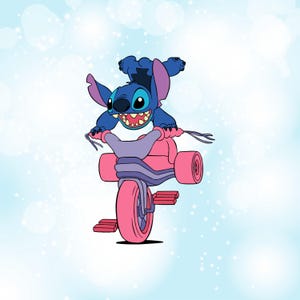 May include: A blue cartoon character with large ears and a wide grin rides a pink tricycle. The tricycle has a purple handlebar and pink wheels. The background is a light blue with white sparkles.