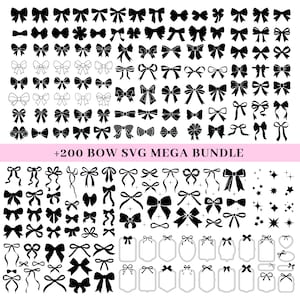 May include: A collection of bow designs in various styles and sizes, in black and white. The image includes a variety of bow shapes, from simple to ornate, and the text "+200 BOW SVG MEGA BUNDLE".