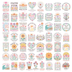 Può includere: Una collezione di disegni floreali con citazioni ispiratrici. I disegni presentano fiori, cuori e soli, con frasi come «Fede», «Amore» e «Grazia». La tavolozza dei colori comprende tonalità pastello di rosa, giallo e arancione.