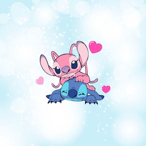May include: A cartoon illustration of two alien-like creatures, one pink and one blue, against a light blue background with white sparkles and pink hearts. The pink creature is on top of the blue one.