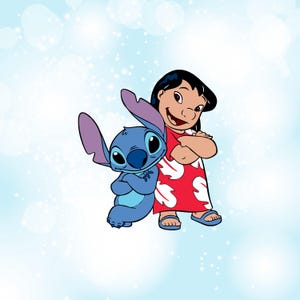 May include: Illustration of Lilo and Stitch, characters from the animated film. Lilo is wearing a red dress with white floral patterns. Stitch is blue with large ears. Both characters are smiling and standing together with their arms crossed.