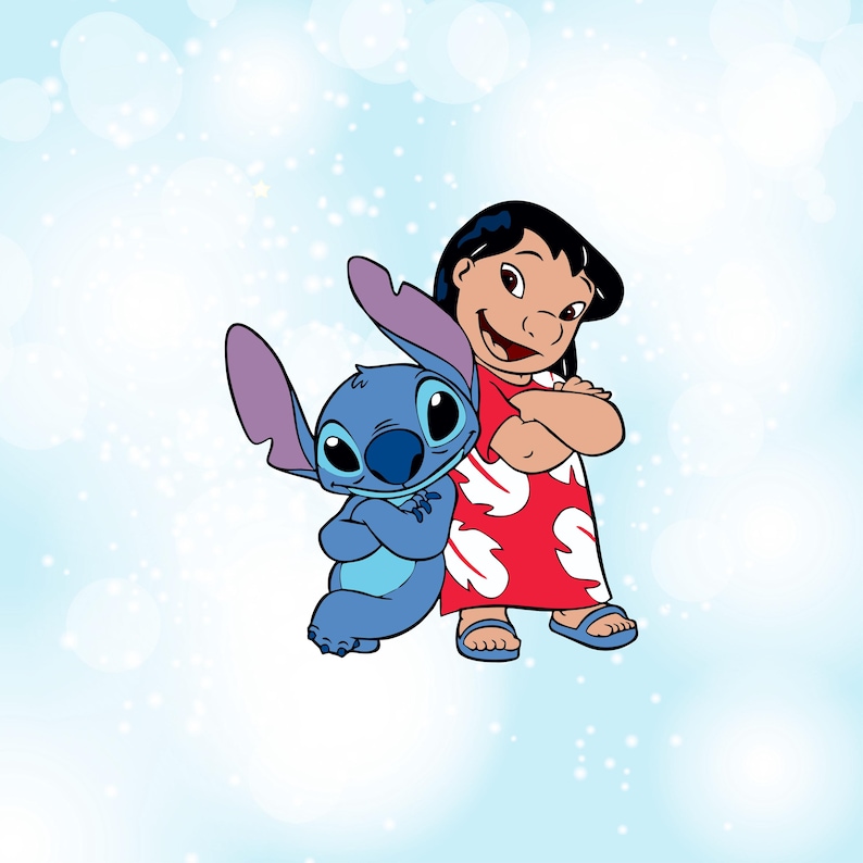 May include: Illustration of Lilo and Stitch, characters from the animated film. Lilo is wearing a red dress with white floral patterns. Stitch is blue with large ears. Both characters are smiling and standing together with their arms crossed.
