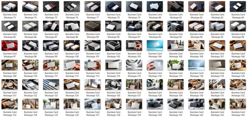 May include: A collection of business card mockups, showcasing various designs and presentations. The images feature stacks of cards, individual cards, and cards in different settings, with a focus on design and branding.