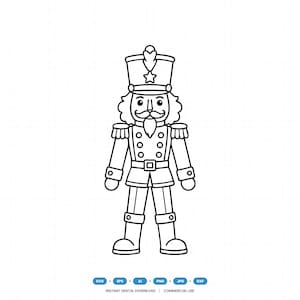 May include: A black and white line art illustration of a nutcracker soldier wearing a tall hat with a star and feather, a uniform with epaulets, buttons, and a belt, and tall boots. Below the figure, text reads SVG, EPS, AI, PNG, JPG, DXF.