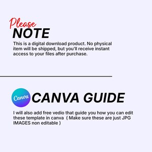May include: A digital download product announcement with the text "Please NOTE" in red script. The text below states that no physical item will be shipped, but instant access to files is provided. A "Canva GUIDE" section is also included.