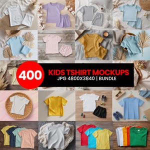 400 mockup-paket för barn-t-shirts, mockups för barn-t-shirts och byxor i flera färger, mockup för barn-t-shirts