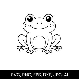 Könnte beinhalten: Schwarz-weiße Cartoon-Illustration eines Frosches. Der Frosch hat große, runde Augen, einen lächelnden Mund und kleine Kreise auf den Wangen. Das Bild enthält den Text "SVG, PNG, EPS, DXF, JPG, AI".