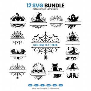 Könnte beinhalten: Eine Sammlung von 12 schwarz-weißen Halloween-SVG-Rahmen mit geteilten Namensfeldern, die Symbole wie Kürbisse, einen Hexenhut, ein Gespenst, ein Spinnennetz, ein Spukhaus, eine Fledermaus, einen Totenkopf und eine Katze zeigen.