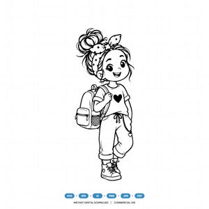 May include: A black and white line art illustration of a child with a messy bun hairstyle, wearing a headband, a t-shirt with a heart graphic, and pants. The child carries a backpack and wears sneakers. Text at the bottom reads SVG, EPS, AI, PNG, JPG, DXF.