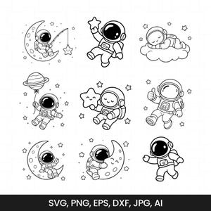 Pakiet SVG astronautów, uroczy kosmos SVG, kawaii astronauta PNG, kolorowanka kosmos SVG, pliki Cricut Moon Star, dziecięce cliparty kosmiczne