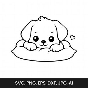Op de afbeelding: Een zwart-wit illustratie van een puppy op een kussen. De puppy heeft grote ogen en floppy oren. Een klein hartje staat naast de puppy. De afbeelding bevat de tekst: SVG, PNG, EPS, DXF, JPG, AI.