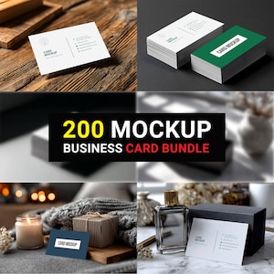 May include: A collection of business card mockups. The image features stacks of white business cards, some with green edges, and individual cards on various surfaces. The text "200 MOCKUP BUSINESS CARD BUNDLE" is displayed prominently.