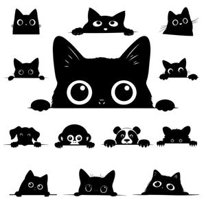 May include: A collection of black and white animal silhouettes, including cats, a dog, a monkey, and a panda. Each animal is depicted peeking over a horizontal line, creating a playful and whimsical design. The cats have large, expressive eyes.
