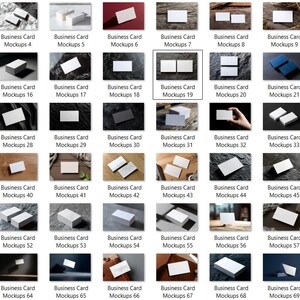 May include: A collection of 72 business card mockups, each showcasing a blank white card in various settings. The images feature different backgrounds, including marble, wood, and dark surfaces, with varying lighting and angles.