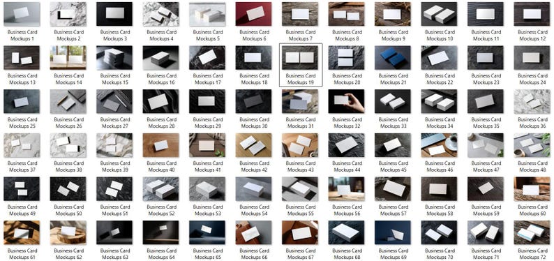 May include: A collection of 72 business card mockups, each showcasing a blank white card in various settings. The images feature different backgrounds, including marble, wood, and dark surfaces, with varying lighting and angles.