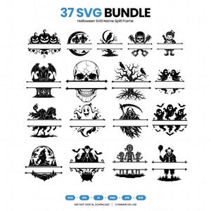 Könnte beinhalten: Eine digitale Sammlung von 37 schwarz-weißen Halloween-SVG-Designs mit geteilten Rahmen. Die Grafiken zeigen verschiedene Motive wie Kürbisse, Totenköpfe, Geister, Fledermäuse, einen Sensenmann, einen Werwolf und einen Vampir mit Platz für Text.