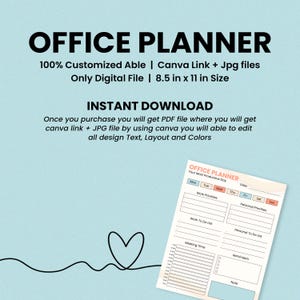 以下が含まれることがあります： 「OFFICE PLANNER」の文字が上部にあるデジタルオフィスプランナー。 プランナーのサイズは21.6 x 27.9 cmで、仕事の優先順位、To-Doリスト、会議時間などのセクションが含まれています。 画像には「INSTANT DOWNLOAD」の文字も含まれています。