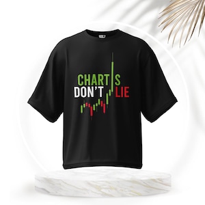 May include: Black t-shirt with a green and red graphic of a candlestick chart and the text "CHARTS DON'T LIE".