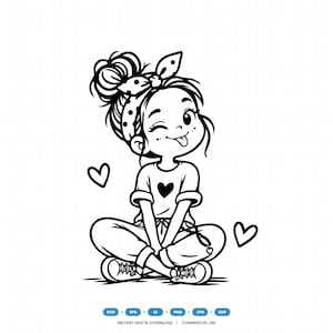 May include: A black and white line art illustration of a character with a messy bun and a polka dot headband, winking and sticking out their tongue. The character wears a t-shirt with a heart, sits cross-legged, and is surrounded by two hearts.