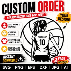Op de afbeelding: Zwart-wit afbeelding van een volleybalspeler met de tekst "YOUR NAME" en het nummer "10" op het shirt. De afbeelding bevat de woorden "CUSTOM ORDER" en "PERSONALIZED JUST FOR YOU!" met pictogrammen en tekst die aanpassingsopties aangeven.