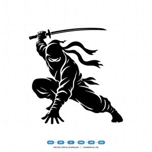 May include: A black silhouette graphic of a ninja in a crouching stance, holding a katana sword above the head. The figure wears a hooded mask with flowing fabric ties. Below the graphic, text reads: SVG, EPS, Ai, PNG, JPG, DXF, INSTANT DIGITAL DOWNLOAD, COMMERCIAL USE.