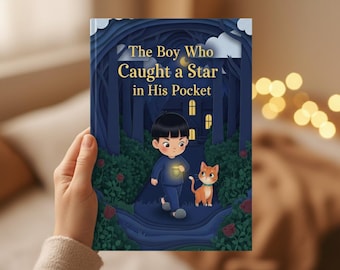 Puede incluir: Portada de libro infantil titulada "The Boy Who Caught a Star in His Pocket". La ilustración presenta a un niño con una luz brillante, caminando con un gato naranja por un bosque oscuro. El fondo muestra una casa con ventanas iluminadas.