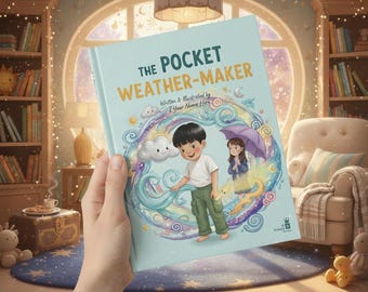 May include: A person holding a children's book titled "The Pocket Weather-Maker." The cover features illustrations of two children, clouds, and a rainbow-colored design. The book is light blue with text in yellow and white.