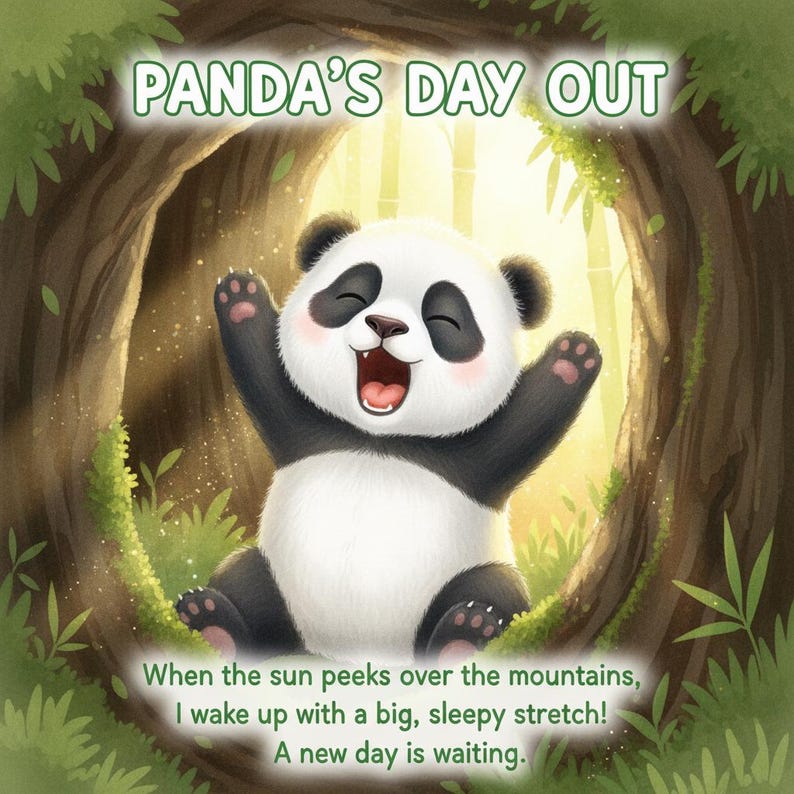 May include: A cheerful illustration of a panda bear with black and white fur, sitting and stretching with its arms raised. The text "PANDA'S DAY OUT" is at the top. The text at the bottom reads, "When the sun peeks over the mountains, I wake up with a big, sleepy stretch! A new day is waiting."