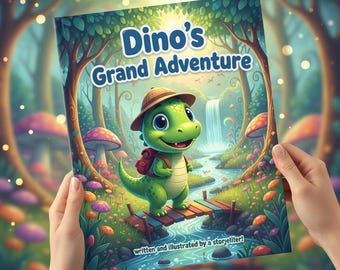 May include: A children's book titled "Dino's Grand Adventure" held by hands. The cover features a green dinosaur with a backpack and hat on a bridge over a stream. The background shows a forest with a waterfall and mushrooms.