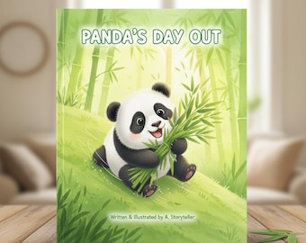 May include: A children's book titled "Panda's Day Out" features a smiling panda holding bamboo. The cover art is set in a bamboo forest with green and yellow hues. The text "Written & Illustrated by A. Storyteller" is at the bottom.