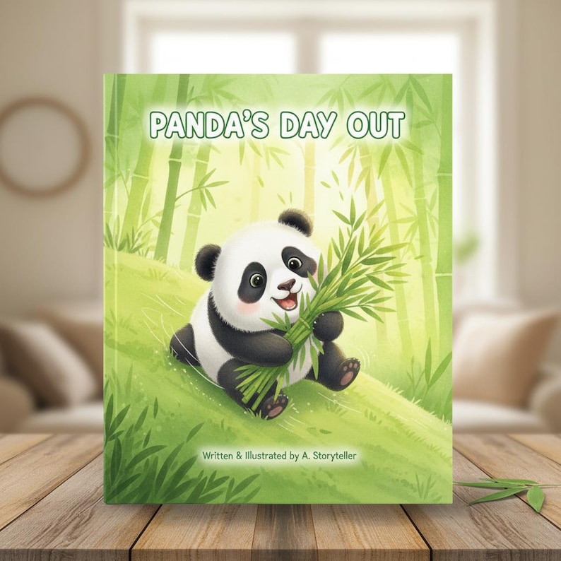 May include: A children's book titled "Panda's Day Out" features a smiling panda holding bamboo. The cover art is set in a bamboo forest with green and yellow hues. The text "Written & Illustrated by A. Storyteller" is at the bottom.