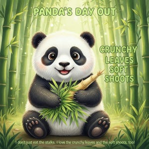 May include: A cute panda illustration with the text "Panda's Day Out." The panda is black and white, holding bamboo shoots and leaves. The background features bamboo stalks and the words "Crunchy Leaves Soft Shoots."