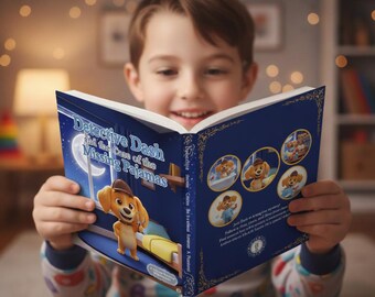 Könnte beinhalten: Ein Kind liest lächelnd ein Buch mit dem Titel "Detective Dash and the Case of the Missing Pajamas". Das Buchcover zeigt einen Cartoon-Hundedetektiv und eine Mondscheinszene. Das Buch ist aufgeschlagen und zeigt farbenfrohe Illustrationen.