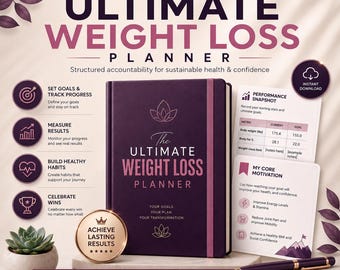 May include: A dark purple digital planner titled The Ultimate Weight Loss Planner with a lotus icon, elastic band, and matching pen. Includes a performance snapshot card with weight and body fat metrics, a motivation card, and a gold achievement coin.
