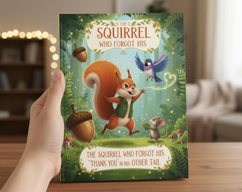 May include: A children's book cover titled "The Squirrel Who Forgot His". The illustration features a cheerful squirrel, a blue bird, and a mouse in a forest setting. The cover is predominantly green with acorns and mushrooms.