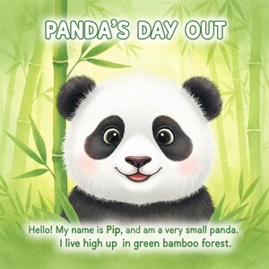 May include: A children's book cover featuring a smiling panda bear named Pip. The panda has black and white fur, with pink cheeks and is surrounded by green bamboo stalks. The title "Panda's Day Out" is at the top, with text at the bottom.