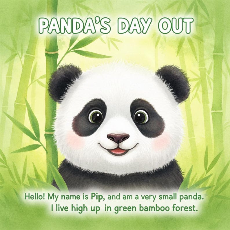 May include: A children's book cover featuring a smiling panda bear named Pip. The panda has black and white fur, with pink cheeks and is surrounded by green bamboo stalks. The title "Panda's Day Out" is at the top, with text at the bottom.
