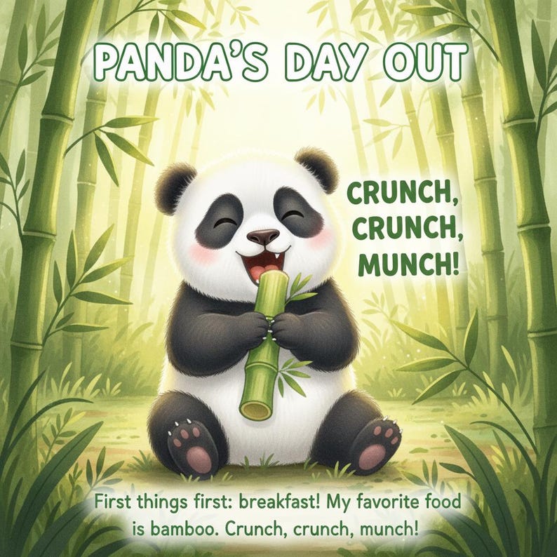 May include: An illustration of a happy panda eating bamboo. The panda is black and white with pink cheeks, sitting in a bamboo forest. Text reads "Panda's Day Out" and "Crunch, Crunch, Munch!"