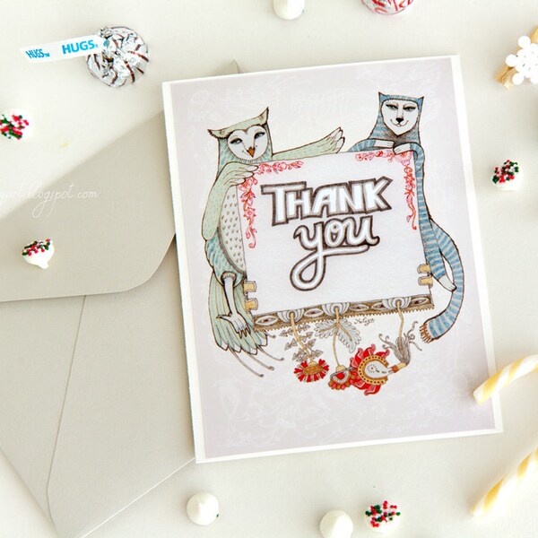 Cat and Owl Thank you card - greeting gratitude animal cute kitty bird personal gift love romantic sweetheart woodland friend shabby father