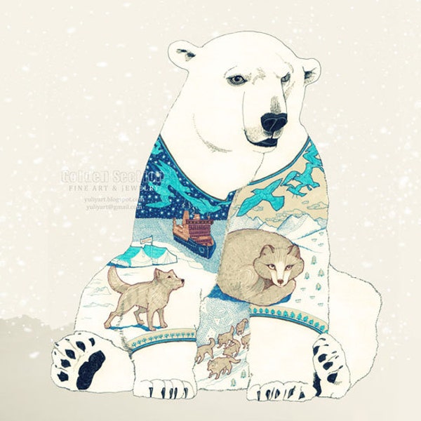 Polar Bear - romantic print gift for her cute animal drawing fine art magic home decor woodland nature mint white outdoor for him man dude