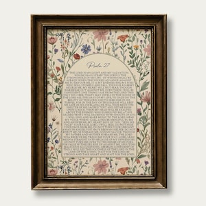Lámina con versículo bíblico del Salmo 27, arte cristiano para pared, decoración bíblica para pared, decoración floral para el hogar con temática religiosa, regalo cristiano (descarga digital)