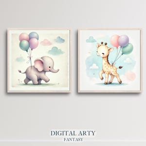 Baby Elephant & Giraffe Nursery Decor - Set of 2 Watercolor Animal Prints - Kids Room Wall Art - Pastel Instant Digital Download