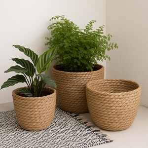 ストローフラワーポット - 天然素材の編み込み植物バスケット、室内植物用の環境に優しいプランター、植物愛好家へのボヘミアン風ホームデコレーションギフト