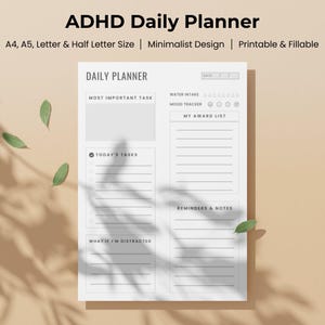 Planificador diario imprimible para TDAH / Organizador digital rellenable en PDF / Tamaños A4, A5, carta y media carta / Diario para TDAH para adultos