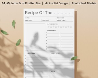 May include: A minimalist white recipe template with the text "Recipe Template" at the top. It features sections for recipe details, ingredients, and instructions. The design includes a photo section and is suitable for A4, A5, and Letter sizes.