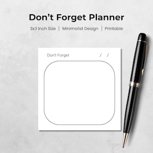 Peut inclure: Un "Don't Forget Planner" blanc de conception minimaliste, mesurant 7,6 x 7,6 cm. Le planificateur présente une forme carrée arrondie pour les notes et est accompagné d'un stylo noir avec des accents dorés.