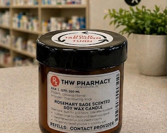 May include: A Rosemary Sage Scented Soy Wax Candle in a brown glass jar with a black lid. The label includes the text "THW Pharmacy" and "Jacksonville, FL". The candle contains 300 ml.