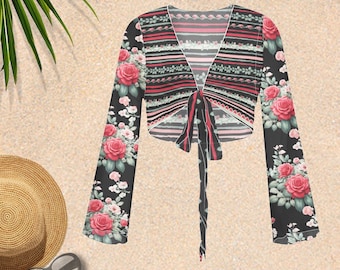 Boho Rose & Stripe Sheer Cover Up: Tie-Front Bohemian Top