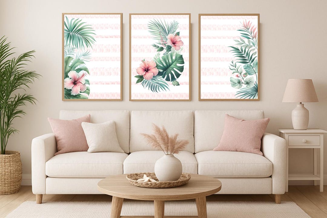 Pink Hibiscus Flower Print Set: Tropical Botanical Wall Art (digital ...