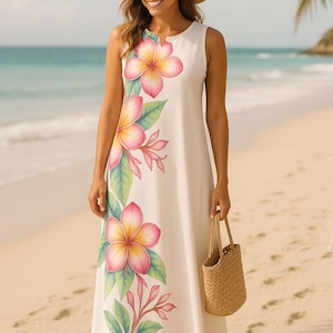 May include: A white sleeveless dress with a floral print featuring pink and yellow flowers and green leaves. The dress is paired with a straw hat and a woven handbag, perfect for a beach day.
